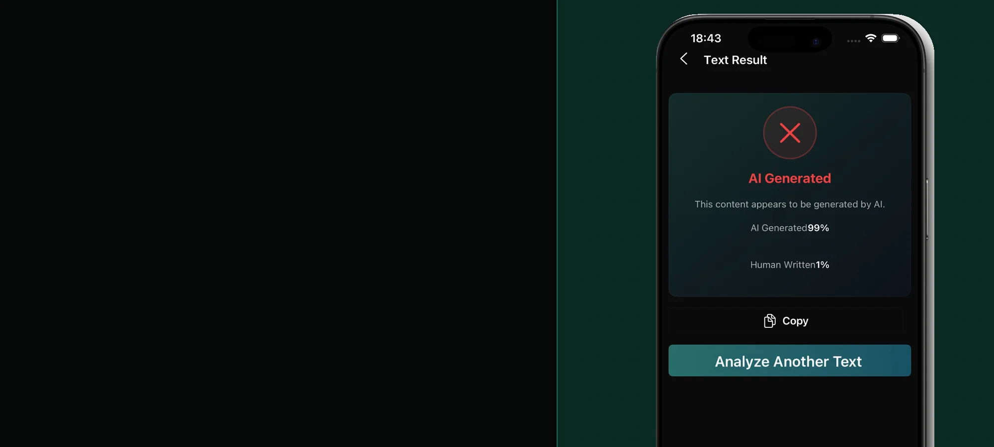 Stealth AI Detector showing an AI-generated text result with AI and human probability scores