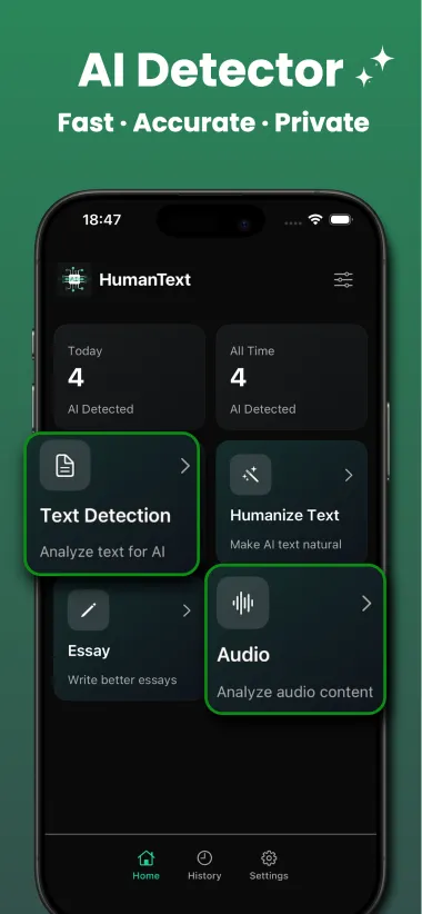 Stealth AI Detector home screen with text, humanize, essay, and audio tools