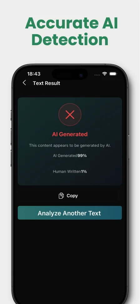 Stealth AI Detector showing an AI-generated text result with AI and human probability